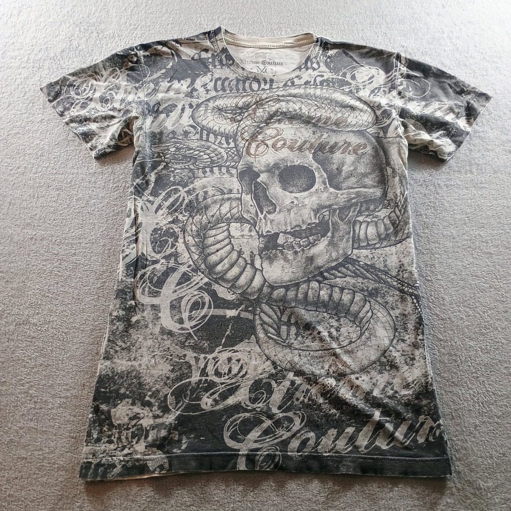 Xtreme Couture Mens T-Shirt Skull Snake Graphic Gray Large MMA Distressed Tee